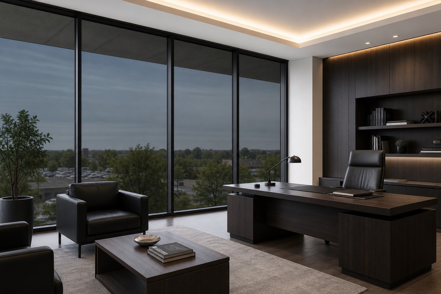 Office with large windows illustrating an architectural window film setting